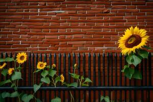 girasoles en frente de un ladrillo pared. generado por ai foto