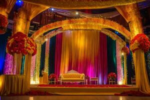 an indian wedding ceremony with colorful decorations. AI-Generated photo