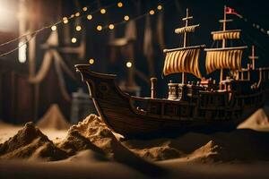 a model of a pirate ship in the sand. AI-Generated photo