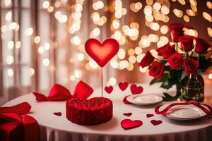 valentine's day table setting with red roses and heart shaped cake. AI-Generated photo