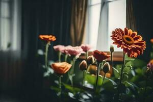 orange flowers in front of a window. AI-Generated photo