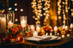 un mesa ajuste con velas y flores generado por ai foto