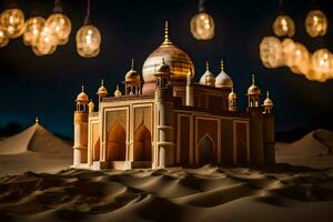 a model of a mosque in the desert with lights. AI-Generated photo