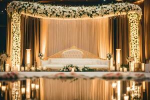 wedding stage with white flowers and candles. AI-Generated photo