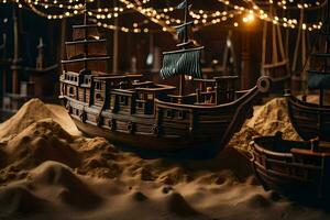a model of a pirate ship in the sand. AI-Generated photo