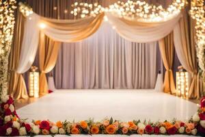 a wedding stage with flowers and lights. AI-Generated photo