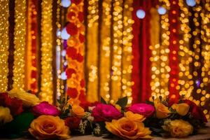 a colorful arrangement of flowers and garlands in front of a string of lights. AI-Generated photo