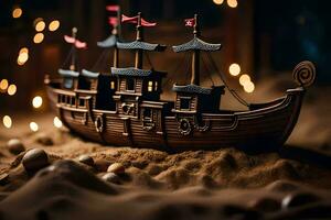 a model of a pirate ship on sand. AI-Generated photo