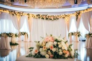 a wedding ceremony with white and pink flowers. AI-Generated photo