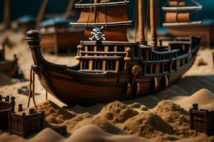 a model of a pirate ship in the sand. AI-Generated photo