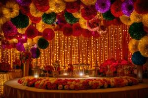 a colorful wedding reception with paper fans and lights. AI-Generated photo