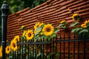 sunflowers are growing on a brick wall near a fence. AI-Generated photo