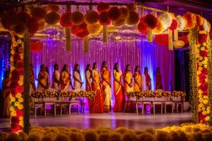 a wedding ceremony with a stage decorated with yellow and red flowers. AI-Generated photo