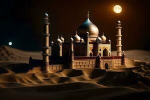 the moon is shining over a desert with a mosque. AI-Generated photo