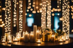 candles and flowers are arranged on a table with lights. AI-Generated photo