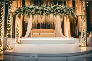 a wedding stage with a white couch and flowers. AI-Generated photo