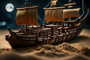 a model of a ship in the sand. AI-Generated photo