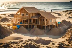 a wooden house on the beach with sand. AI-Generated photo