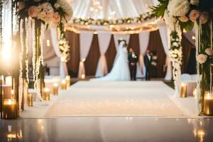 un Boda ceremonia es conjunto arriba en un carpa. generado por ai foto