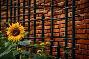 a sunflower is growing in front of a brick wall. AI-Generated photo