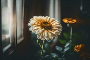 a flower is in front of a window. AI-Generated photo