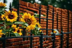 girasoles en frente de un ladrillo cerca. generado por ai foto