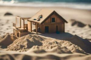 a miniature house is sitting on the sand in front of the ocean. AI-Generated photo