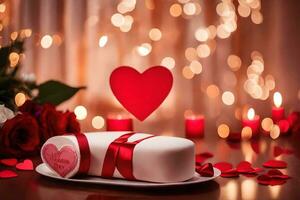 a cake with a heart on it and candles. AI-Generated photo