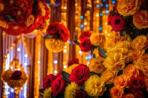 a colorful arrangement of flowers in a room. AI-Generated photo