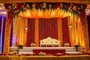 an indian wedding stage decorated with yellow and orange flowers. AI-Generated photo