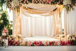 un Boda ceremonia con rosado flores y blanco cortinas generado por ai foto