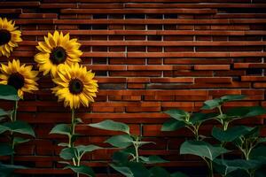 sunflowers against a brick wall. AI-Generated photo