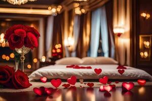 romantic bedroom with red roses and candles. AI-Generated photo