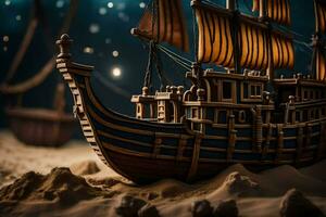 a model of a pirate ship in the sand. AI-Generated photo