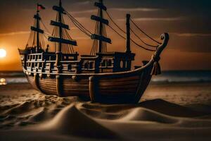 a wooden ship on the beach at sunset. AI-Generated photo