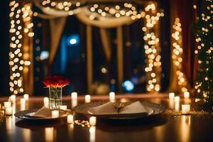 a table setting with candles and flowers. AI-Generated photo