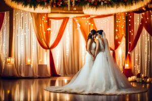 two brides standing in front of a red and white wedding backdrop. AI-Generated photo