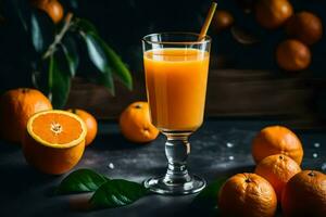 an orange juice in a glass with a straw. AI-Generated photo
