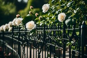white roses on a black wrought fence. AI-Generated photo