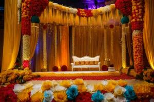 an indian wedding stage decorated with flowers. AI-Generated photo