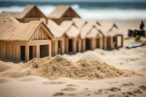 a sandcastle made out of wooden blocks on the beach. AI-Generated photo