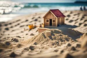 a miniature house on the beach with sand. AI-Generated photo