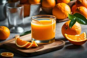 un naranja jugo es mostrado siguiente a un vaso de jugo. generado por ai foto