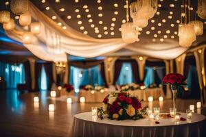 un Boda recepción con velas y luces. generado por ai foto