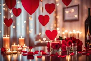 candles and red roses are on a table with hearts. AI-Generated photo