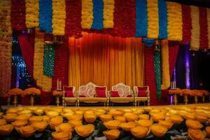 a colorful stage with red and yellow flowers. AI-Generated photo