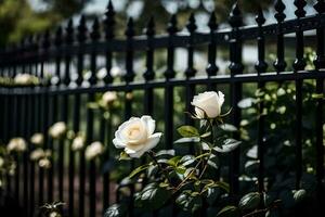 white roses in front of black iron fence. AI-Generated photo