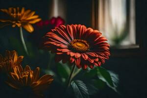 flores en un florero por el ventana. generado por ai foto