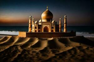 the taj mahal is a white sand dune in the middle of the ocean. AI-Generated photo