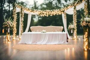 un Boda mesa cubierto en blanco ropa de cama y velas generado por ai foto